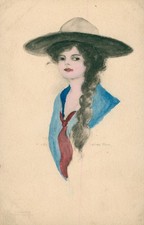 Vintage Art Card Watercolor Cowgirl Signed Marion Reed Cowboy Western picture