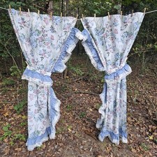 Vintage 80s JCPenney White Floral Curtain Panels w/ Blue Lace Ruffles & Tiebacks picture