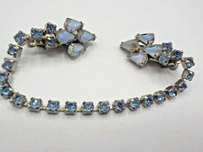Vintage Estate sweater clip 8 inches long Silvertone light blue Rhinestones picture