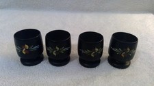 Set of 4 Vintage Nordic Black Egg Cups, Painted Design Front, Words Back, EUC picture