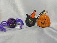 3 Vntg Pier 1 Halloween Ornaments Cat party Hat Smiling Pumpkin & Glitter Spider picture