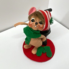 Christmas Mouse Figurine Warming Stove Striped Hat Green Scarf  Small Multicolor picture