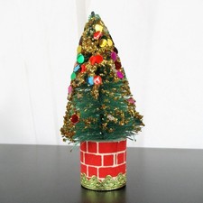 Vintage 50s Bottle Brush Christmas Tree 4” Japan Sequin Ornaments Putz Brick picture