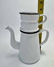 French Drip Coffee Pot Biggin Vintage White Enamel 2 Piece Black Trim - No Lid picture