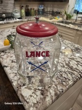 Vintage 8-Sided Lance Glass Display Counter Cookie Cracker Jar w/ Red Metal Lid picture