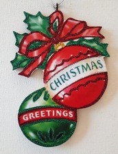 RED & GREEN BAUBLES w HOLLY, CHRISTMAS GREETINGS  * Glitter ORNAMENT * Vtg Img picture