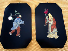 Vintage Chinese Pair Inlay Art Plaques Wall Panels w/ Hangers picture