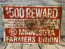 Vintage Minnesota Farmers Union Sign $500 Reward Sign Metal 18