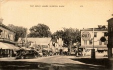MAINE PHOTO POSTCARD: GULF GAS STATION PHILCO, SWANSON'S POST OFFICE BRIDGTON ME picture