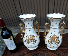 PAIR antique French religious monogram Limoges porcelain vases marked picture