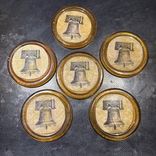 Set Of 6 Vintage Liberty Bell Round Coasters Amber Plastic And Cork picture