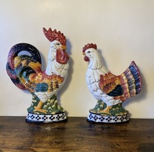 Beautiful Vibrant Hand Painted Hen and Rooster Wall Hanging Set Vintage 1990s picture