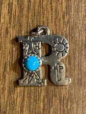 Silver Tone Southwest Faux Turquoise Monogram Initial R Charm Pendant Necklace picture