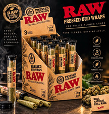 RAW Pressed Bud Wraps Pre-Rolled Flower Cones 1 1/4 Size 3/Tub 12 pack box new picture
