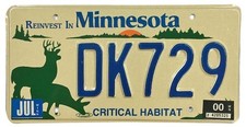 Vintage Minnesota 2000 Critical Habitat Deer Buck Specialty License Plate DK 729 picture