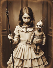 Old Photo Weird Creepy Kid GIrl Evil Doll Halloween Vintage Photograph picture