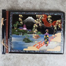 Vintage Japanese Lacquer Photo Album Mount Fuji Geisha Mother Pearl Inlay picture