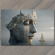 POSTCARD Stone Head Island Castle Sailboat Surreal Seascape picture
