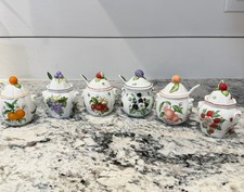 Vintage 1991 Lenox Porcelain Fruit Orchard Jam Jelly Jar Pot Set Of 6 & 6 Spoons picture