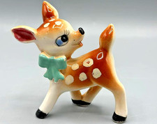 Vtg 1950s Japan Ceramic Big Eyes Fawn Deer Figurine Kitsch Blue Bow Bambi MCM picture