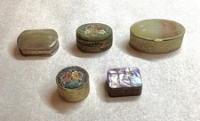 Antique Vintage Lot of 5 Small Pill Snuff Vanity Boxes Silver Brass Marble G1 picture