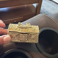 Gold Tone Product Of USA Vintage Treasure Chest Trinket Box. 3 In X 2 In picture