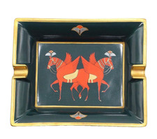 HERMES Winged Horse Porcelain Ashtray Trinket Tray Green Red Gold 20 x 16 cm picture