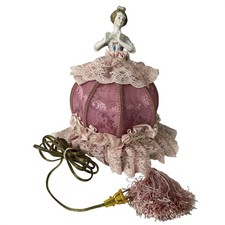 Antique Half Doll Boudoir Lamp Pink Silk Lace Shade Victorian Bed Lamp picture