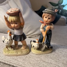 Vintage Brinn’s Farm Boy & Girl Figurines Set Ceramic Chores Chicken Hen Japan picture