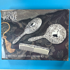 20th Century Baroque 3-Piece Silver Plated Dresser Set Mirror Brush Comb Box picture