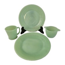 4 VTG Jadeite Fire King Coffee Mug D-Handle 2 Dinner Plates Jane Ray Sugar Bowl picture