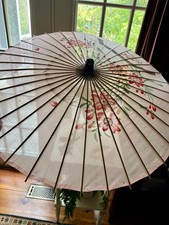 Vintage Japanese Silk Pink Parasol Burnt Bamboo Handle Hand Painted Flowers picture