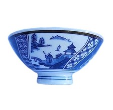 Blue Handpainted Oriental Gardens White Porcelain Pagoda Rice Bowl  *READ* picture