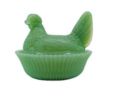 Vintage 1974 Westmoreland Jadeite Green Glass Hen on Nest WG Basketweave picture