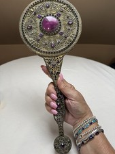 Truly Magnificent Antique 1920's E & JB Brass Filigree Jeweled Hand Mirror 14” picture
