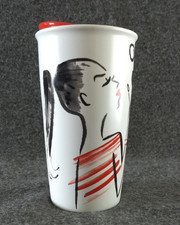 Starbucks Ceramic Tumbler 2015 Girl Blowing Bubbles White 12oz Travel Mug w/ Lid picture
