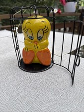 Vintage Warner Bros Tweety Bird Yellow Chalkware Bank Black Cage Looney Tunes picture