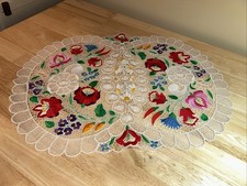 Vintage Hungarian Hand Embroidered Vibrant Colors Lace Floral Doily 18” X 24” EX picture