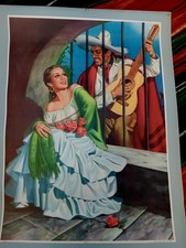Rare Vintage Mexican calendar art Serenada, lovers guitar serenade  1940 picture