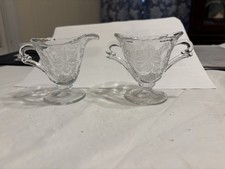 Clear Etched Orchid Floral Pattern Sugar and Creamer Set Sc 5 picture