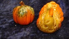 TURKEY & PUMPKIN ~ SALT & PEPPER SHAKERS ~ 1.75” ~ Porcelain ~ VGC ~ picture