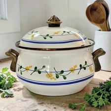 Vtg Lincoware Enamelware Dutch Oven/Stock Pot W/Lid Floral Design Brass Handles picture