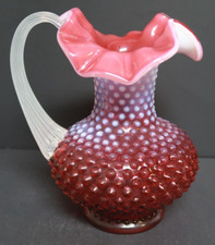 Fenton Cranberry Red Pitcher Vase Pour Hobnail Pattern with Ruffled Edge Top 7