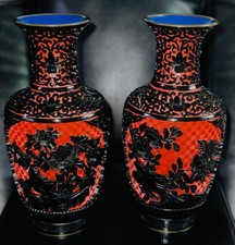 2 1920's Antique Chinese Black on Red Cinnebar Carved Vase Blue enamel Int 10' picture