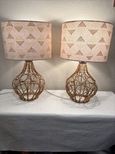 Pair Of Bohemian-Style Ratan Table Lamps With Geometric Pattern Shades. 20Hx12L picture