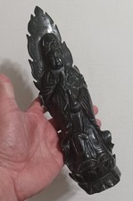 Vintage Carved Black Stone GUANYIN Statue, Heavy Quan Yin Lotus Altarpiece 11