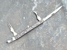 Vintage Gentleman's Pocket Knife Decorative Metal Handle Cigar Fork German(?) picture