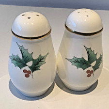 Porcelain Holiday Salt Pepper Shakers Holly Berries with Gold Trim Japan 3.5” picture
