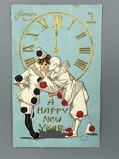 1908 HAPPY NEW YEAR CLOWN Clock Postcard Antique Embossed picture