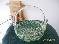Murano Gold Flake Vtg, Handblown Green Art Glass Handled Basket Made In Italy picture